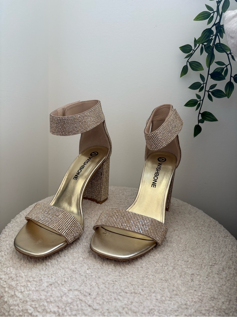 Wishbone Gold Rhinestone Block-Heel Ankle-Strap Sandals